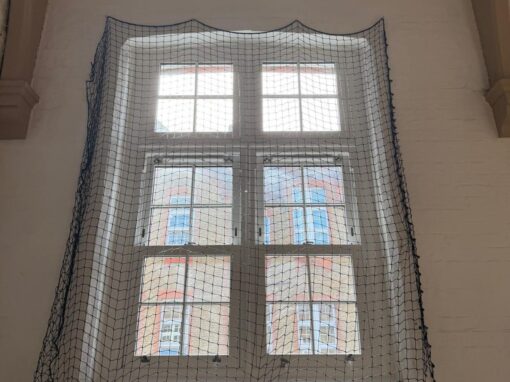 Window behind the ball netting, old patchy glass