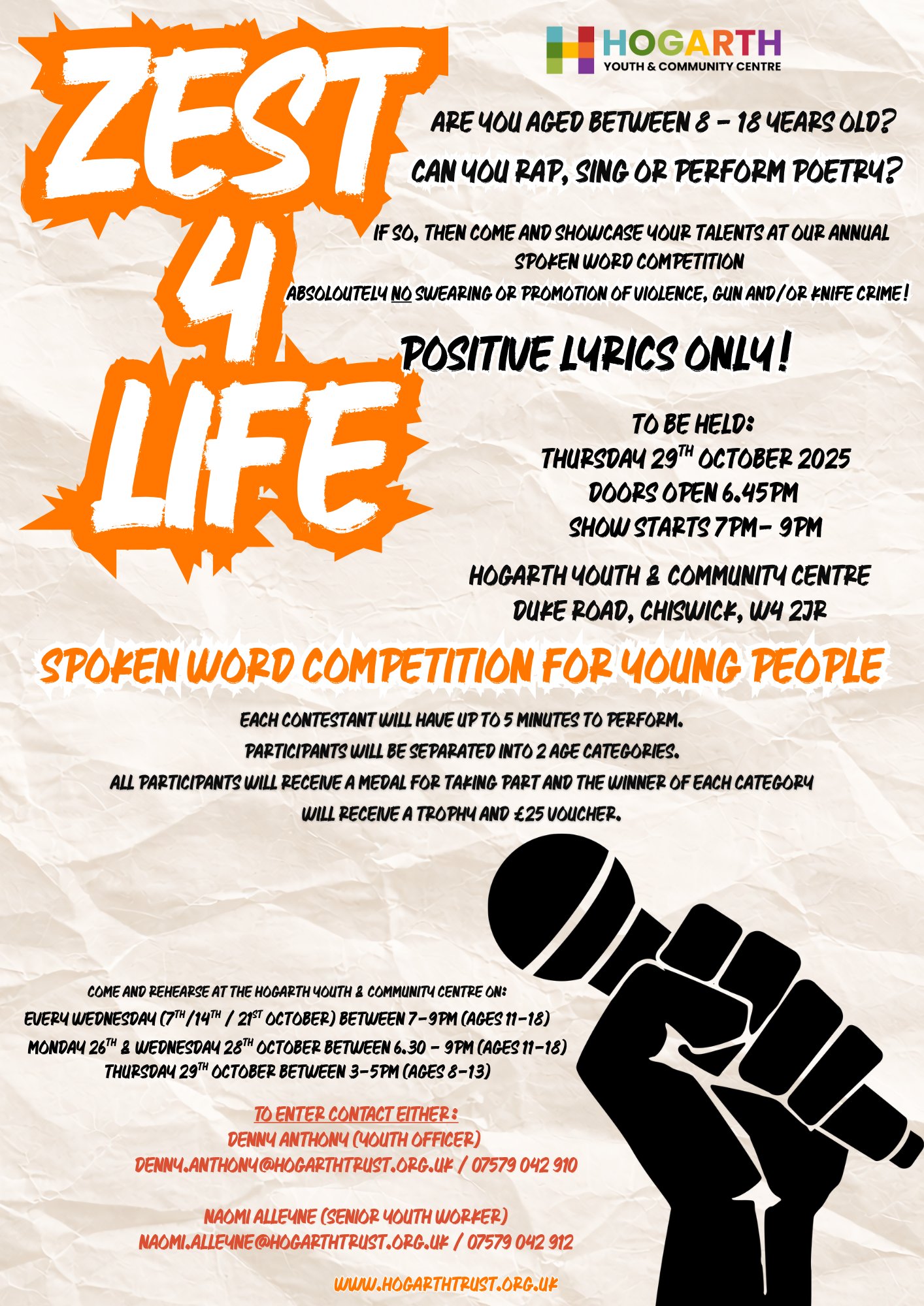 Zest 4 Life poster: spoken word competition for young people aged 8 to 18 at the Hogarth Youth and Community Centre